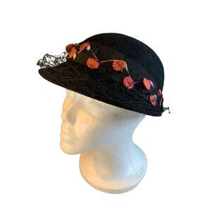 Merrimac Ladies Black Wool Hat with Bead Accents Ribbon Band Vintage